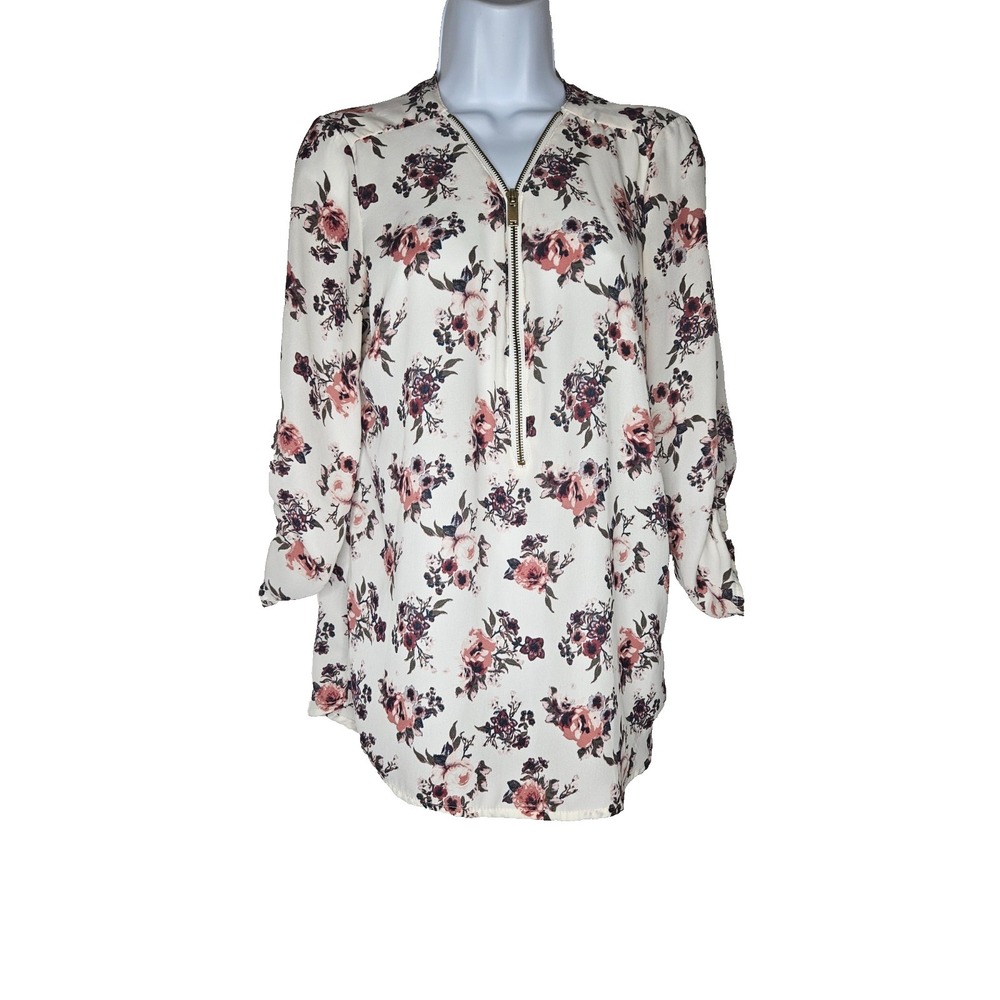 Rue21 Floral Blouse Womens Medium Zip Front Boho Cottagecore Romantic